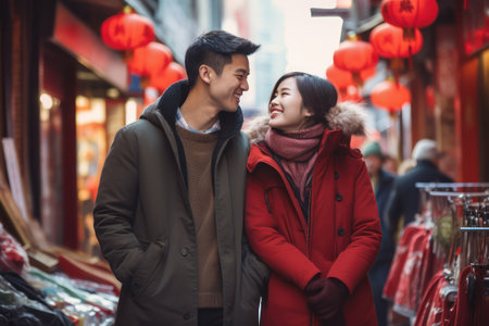 Join this vibrant couple as they explore the lively streets of Chinatown, shopping for Chinese New Year decorations. The image captures the essence of festive traditions, with colorful displays and a bustling market setting the scene for joyful preparations.の素材