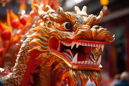 Immerse yourself in the vibrant celebration of Chinese New Year with the majestic dragon dance. The intricate movements and shiny scales mesmerize the crowd, capturing the essence of cultural tradition and folkloreの素材