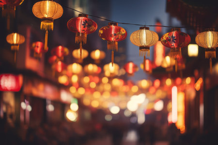 Experience the vibrant festivities of Chinese New Year with this captivating image of lanterns adorning the streets of Chinatown. The colorful decorations bring a traditional and lively atmosphere to this annual celebration, capturing the essence of cultural diversity and community gathering.の素材