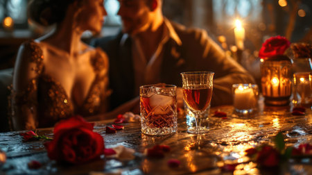 Immerse yourself in a romantic evening in the city with these captivating couple photos featuring a rose drink in a restaurant. The warm orange tones of the evening light create a cozy atmosphere, making it perfect for expressing the joy of a night out.の素材