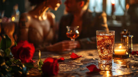 Immerse yourself in a romantic evening in the city with these captivating couple photos featuring a rose drink in a restaurant. The warm orange tones of the evening light create a cozy atmosphere, making it perfect for expressing the joy of a night out.の素材