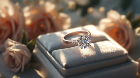 Illuminate your romantic moments with this image of a sparkling diamond ring nestled in elegant rose packaging. Whether it's a marriage proposal or a celebration of love, this photo embodies the spirit of special occasions.の素材