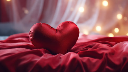 Experience the romantic coziness with an image featuring a heart pillow on a comfortable bed. This visual masterpiece evokes the tenderness and warmth of a special night, perfect for enhancing the romantic atmosphere in your creative projects.の素材
