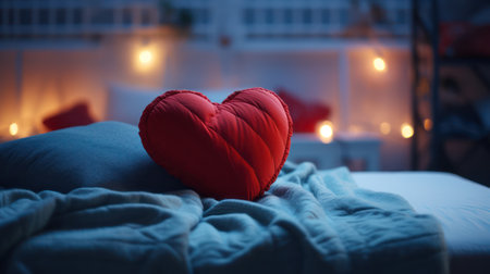 Experience the romantic coziness with an image featuring a heart pillow on a comfortable bed. This visual masterpiece evokes the tenderness and warmth of a special night, perfect for enhancing the romantic atmosphere in your creative projects.の素材