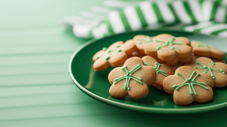 Featuring shamrock-shaped cookies on a green plate, this photo captures the spirit of St. Patrick's Day with a playful and bright green and white striped background.の素材