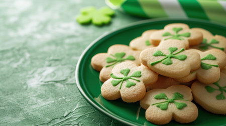 Featuring shamrock-shaped cookies on a green plate, this photo captures the spirit of St. Patrick's Day with a playful and bright green and white striped background.の素材