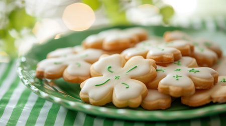 Featuring shamrock-shaped cookies on a green plate, this photo captures the spirit of St. Patrick's Day with a playful and bright green and white striped background.の素材