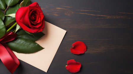 Delve into the world of romance with a close-up view of red roses and an invitation card. This realistic image captures the beauty of love, perfect for weddings, Valentine's Day, or any special occasion.の素材