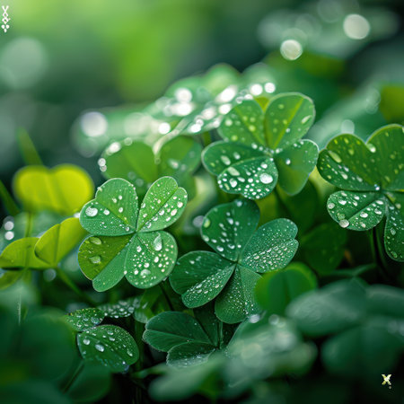 A close-up photo capturing the natural beauty of a cluster of four-leaf clovers, each leaf adorned with water droplets, set against a blurred green background.の素材