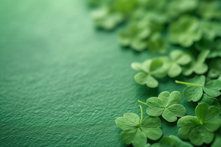 Celebrate St. Patrick's Day with this vivid photo of shamrocks on a bright green background, offering copy space for festive messages or designs.の素材