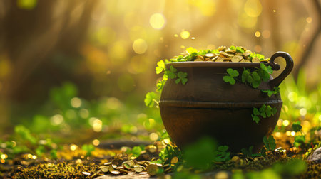Celebrate the spirit of St. Patrick's Day with this image of a traditional Irish pot adorned with shamrocks and gold coins, symbolizing luck and prosperity.の素材