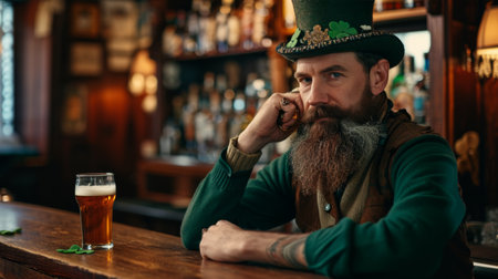 Capture the essence of St. Patrick's Day with this photorealistic image of a cheerful bearded man in festive attire, holding a beer glass in a vintage pub adorned with clovers.の素材