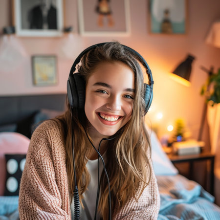 Happy young female with headphones and microphone engaged in podcast recording in a cozy bedroom setting.の素材