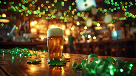 A pint of beer with foam, surrounded by St. Patrick's Day decorations, inside a festive pub with blurred lights.の素材