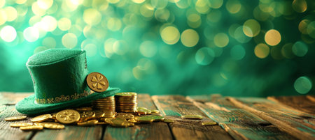 This elegant composition presents a vibrant green hat with gold coins on a wooden surface, set against a soft bokeh light effect on a green velvet backdrop, embodying festive charm.の素材