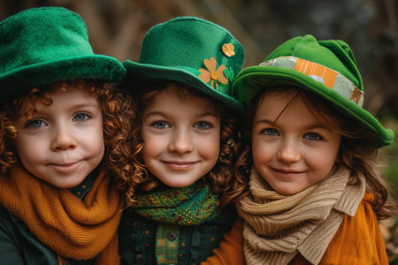 Capturing the vibrant spirit of St Patrick's Day, children in colorful Irish costumes parade joyfully, embodying the essence of this festive holiday.の素材