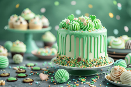 A beautifully decorated cake with green icing drips and St. Patrick's Day themed toppings, surrounded by matching cupcakes and sweets on a festive table setting.の素材