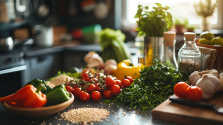 An array of fresh vegetables including tomatoes, bell peppers, garlic, and spinach, meticulously prepared for a nutritious and flavorful meal.の素材