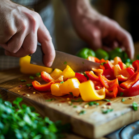 Close-up of a chef's hands skillfully chopping colorful bell peppers on a wooden cutting board, preparing ingredients for a nutritious dish.の素材