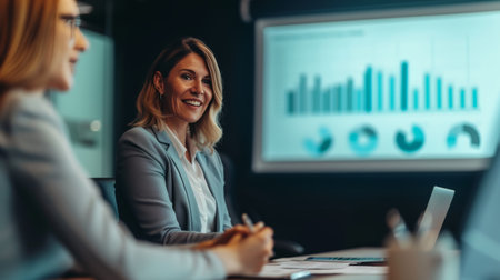 A professional businesswoman presents a financial growth chart in a boardroom setting, capturing the focused attention of her team members; a scene of corporate strategy and teamwork.の素材