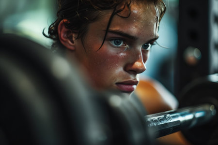 Intense focus is etched on the face of a young athlete, sweat glistening on his skin as he lifts weights, embodying determination and physical strength.の素材