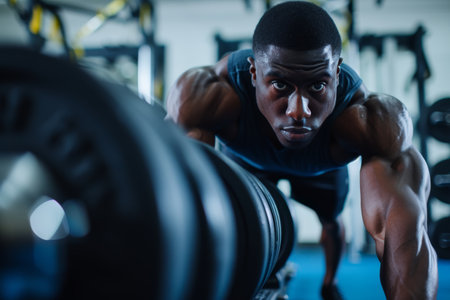 Intense focus is etched on the face of a young athlete, sweat glistening on his skin as he lifts weights, embodying determination and physical strength.の素材