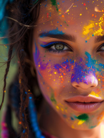 An intimate portrait of a woman with captivating eyes, her face artistically speckled with the vibrant colors of the Holi festival.の素材