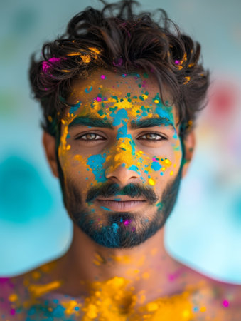 Close-up of a man's face covered in vibrant splashes of paint, creating a bold and artistic expression.の素材