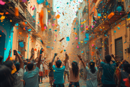 Community members throw colorful powders in the air, celebrating the Holi festival with joy and enthusiasm on a bustling street.の素材