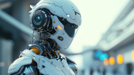 Close-up of an advanced humanoid robot head with intricate optical sensors and detailed mechanical design.の素材