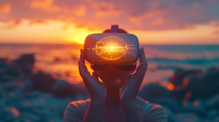 Silhouetted individual experiencing virtual reality with glowing VR glasses against a vibrant sunset over the ocean.の素材