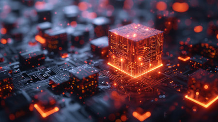 A 3D-rendered quantum cube glowing on a complex circuit board backdrop, depicting concepts of quantum computing and advanced technology.の素材