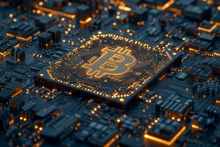 A glowing Bitcoin symbol central on a detailed circuit board, visualizing the concept of cryptocurrency and its technological foundations.の素材