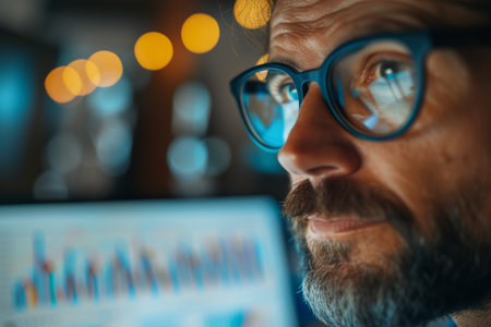 Serious financial analyst reviewing and analyzing complex data on a computer screen, focusing on trends and strategies for financial planning.の素材