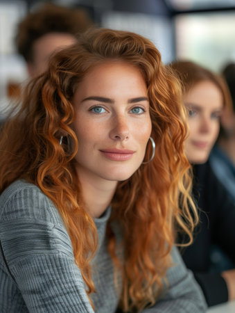 Portrait of a young, confident female professional with striking red curly hair, engaging in a business meeting.の素材