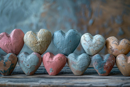 A row of rustic, painted heart-shaped stones in soft pastel tones, artfully arranged against a blurred background.の素材