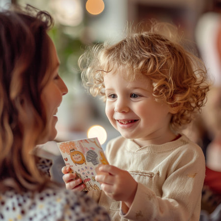 A curly-haired toddler beams with joy while sharing a greeting card with their mother, capturing a moment of pure happiness and connection.の素材