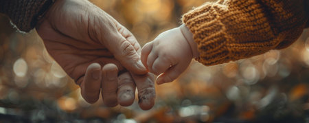 The tender touch between the wrinkled hand of an elder and the small, chubby hand of a baby against a backdrop of autumn bokeh.の素材