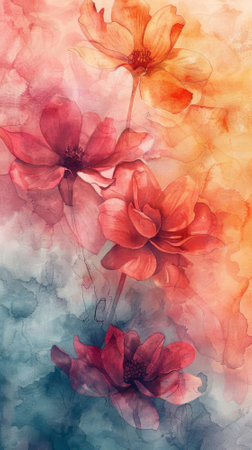 A watercolor illustration featuring ethereal red flowers emerging from a dreamy blue background, blending art with nature.の素材