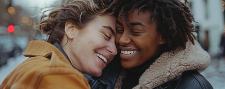Two diverse women share a joyful embrace on a city street, their laughter and happiness infectious.の素材