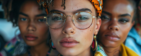 A trio of confident young women pose closely together, showcasing their individuality and bold fashion sense.の素材