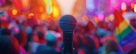 Experience the spirit of advocacy and celebration with this vibrant image capturing a microphone at the forefront of a colorful crowd during a Pride parade, symbolizing the empowerment and solidarity of the LGBTQ community.の素材