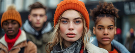 A group of fashionable young individuals wearing winter hats and stylish clothing gather on an urban street.の素材