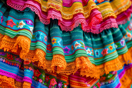 Stacks of colorful Mexican dresses with intricate floral embroidery and lace details, showcasing traditional textile craftsmanship.の素材