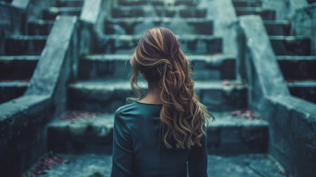 Rear view of a contemplative woman looking at the ancient and mossy stone steps ahead, symbolizing a journey or challenge.の素材