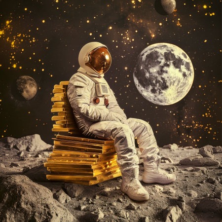 An astronaut sitting on a stack of gold bars on the moon, with the moon in the background.の素材
