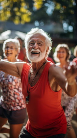 Close-up of elderly group stretching in a community park, vibrant athletic wear, focus on hands and expressions, advertising photography,natural light, ultra realistic, high definition, super detail ,realistic photography, 32kの素材