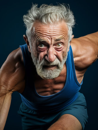 Capture the grace and determination of elderly individuals in active lifestyles, showing them engaged in fitness and exercise Highlight the resilience and joy in their expressions, focusing closely on their facial features and body languageの素材