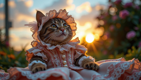cat in historical costume concept. Whimsical Vintage Cat Sunset Garden Sceneの素材