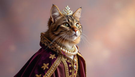 cat in historical costume concept. Regal Cat Portrait with Crown and Elegant Attireの素材